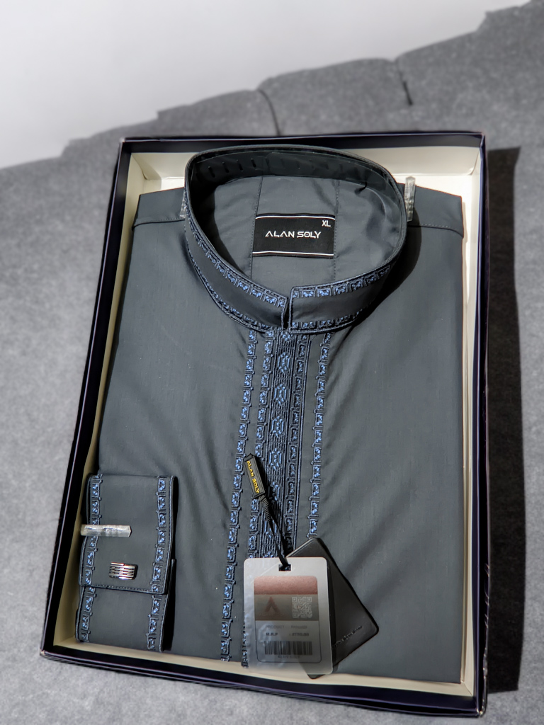 Sequins embroidered charcoal grey cuff sleeve punjabi for men