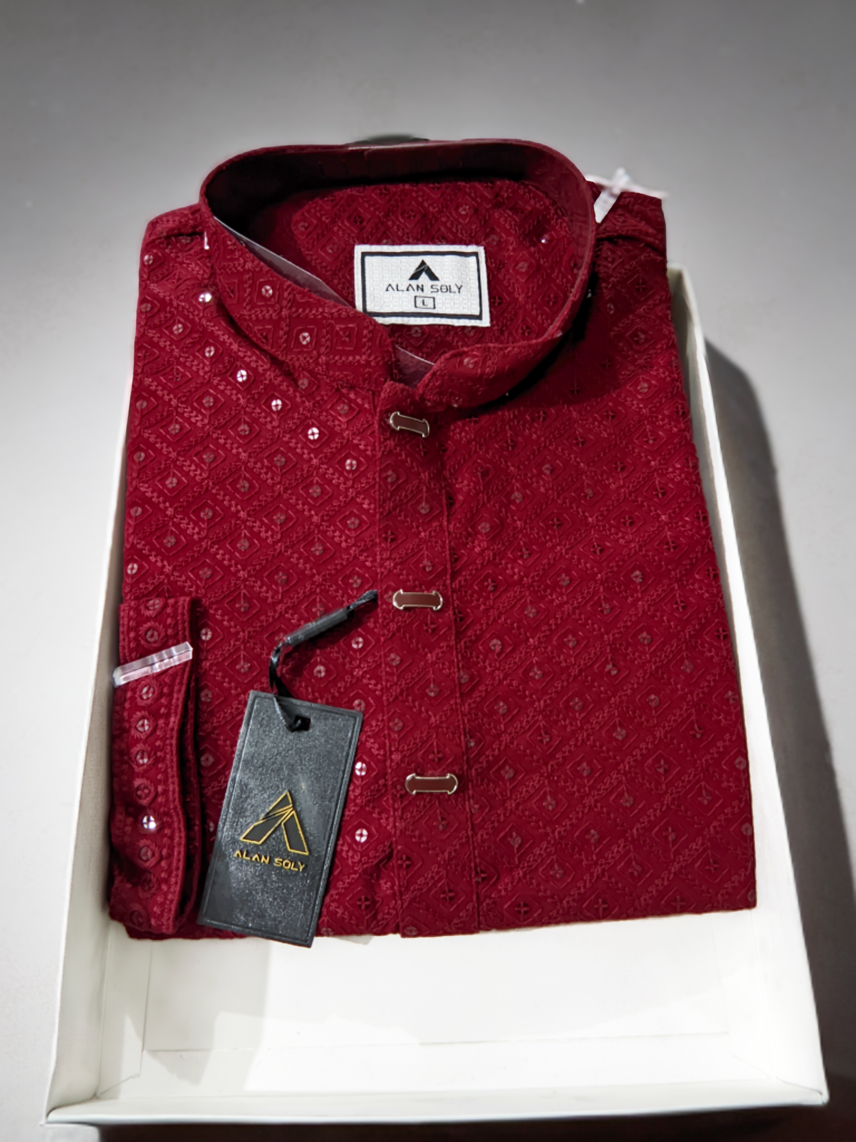 Sequins embroidered maroon punjabi for men